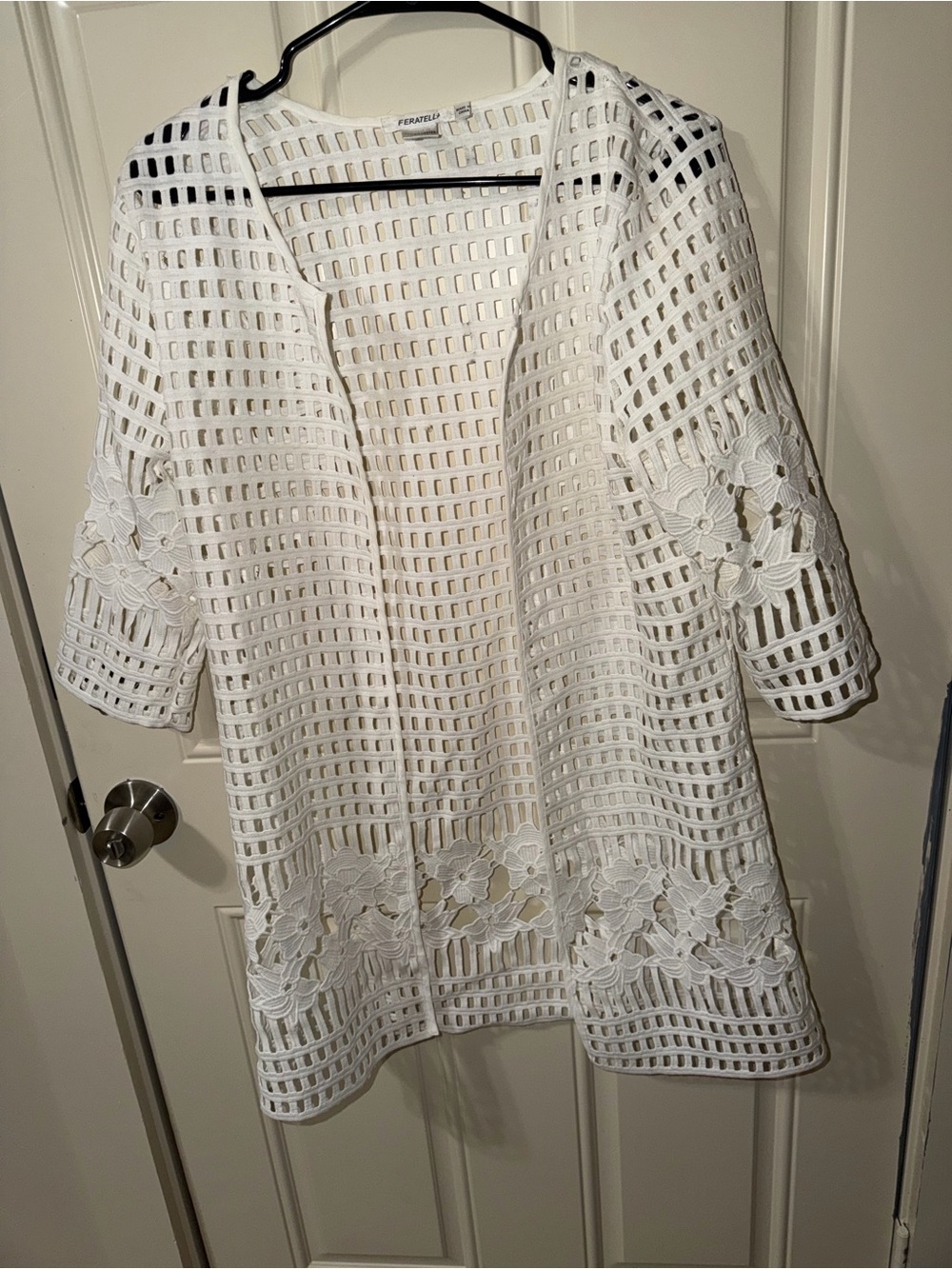 Francesca's White Crochet Open-Front Tunic Jacket